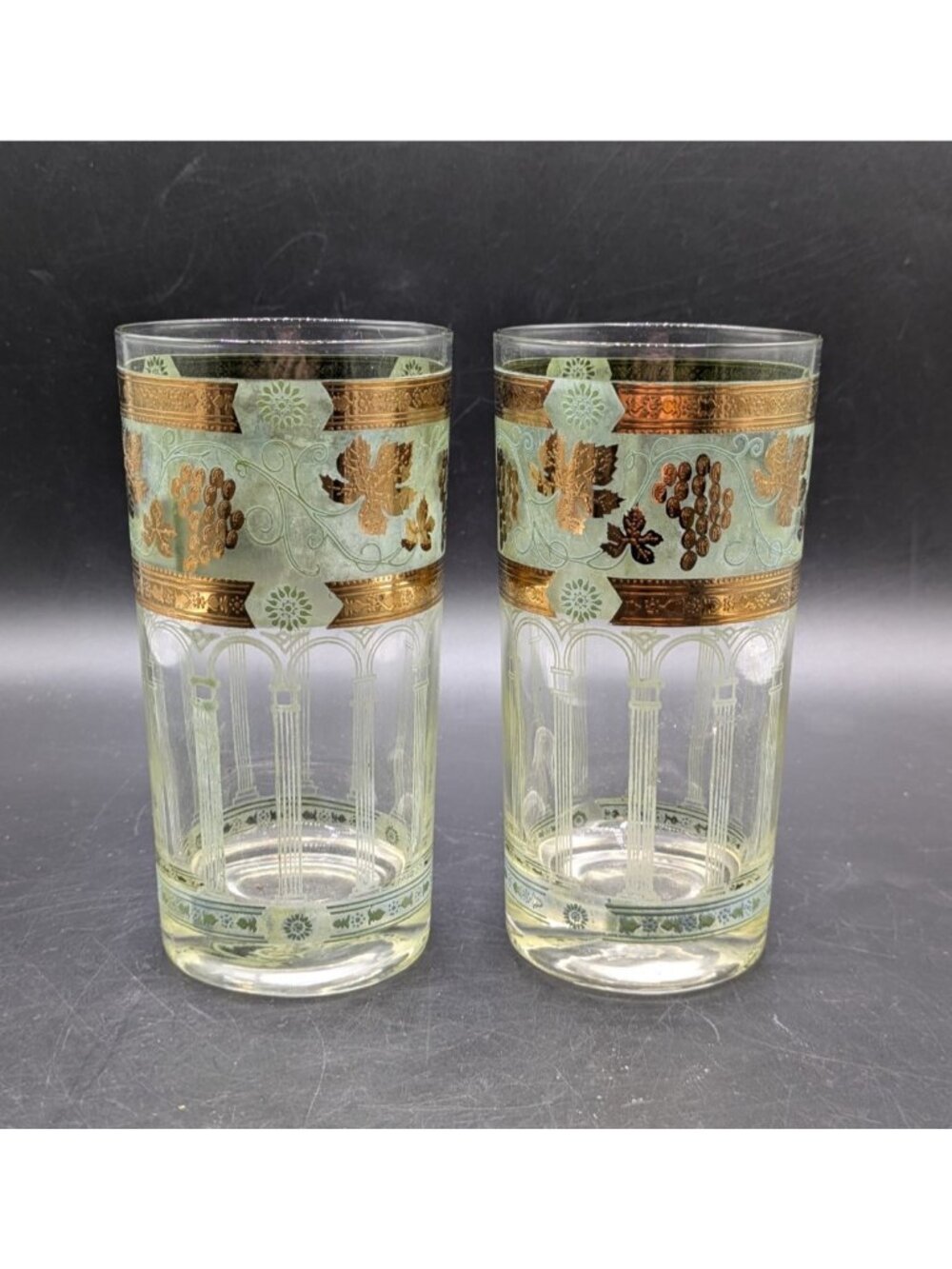 Vintage Cera Green Gold Grape Highball Glasses Set of 2 Tumblers 12 oz